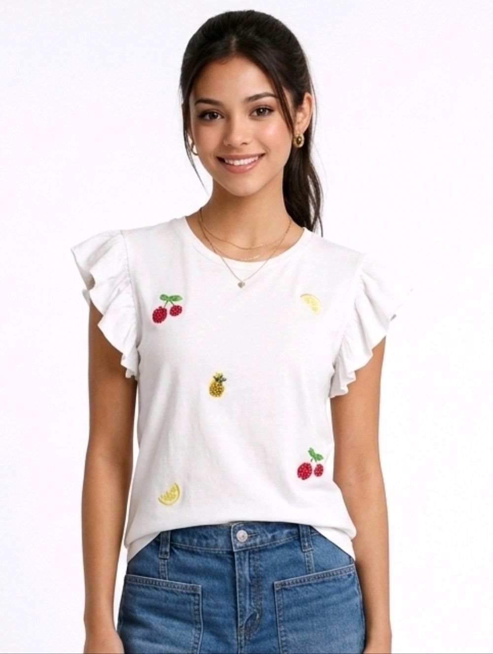 Mesh + Love White Fruit Embellished Ruffle Sleeve Top Size L